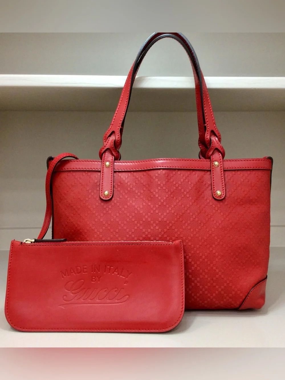 Authentic Gucci Small Diamante Craft Tote Canvas Leather with Pouch Red Bag